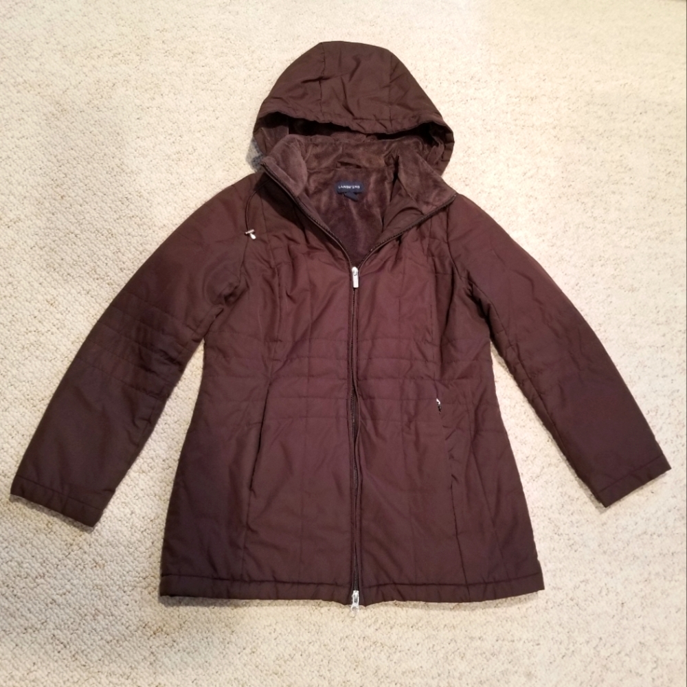 LAND'S END Brown Quilted Fleece-Lined Jacket with Detachable Hood
